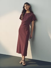Burgundy Red Short Sleeve Drape Detail Midi Dress - Image 1 of 8
