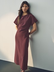 Burgundy Red Short Sleeve Drape Detail Midi Dress - Image 2 of 8