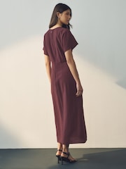 Burgundy Red Short Sleeve Drape Detail Midi Dress - Image 3 of 8