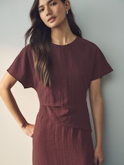 Burgundy Red Short Sleeve Drape Detail Midi Dress - Image 4 of 8