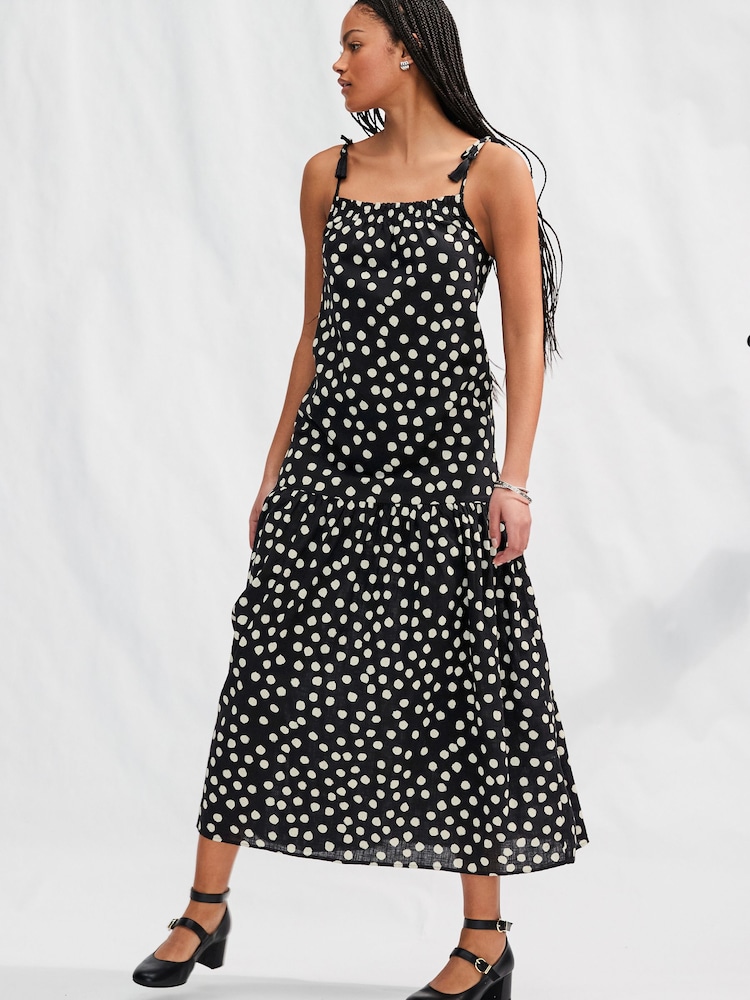 Black and White Spot Strappy Drop Waist Tiered Maxi Dress - Image 2 of 7
