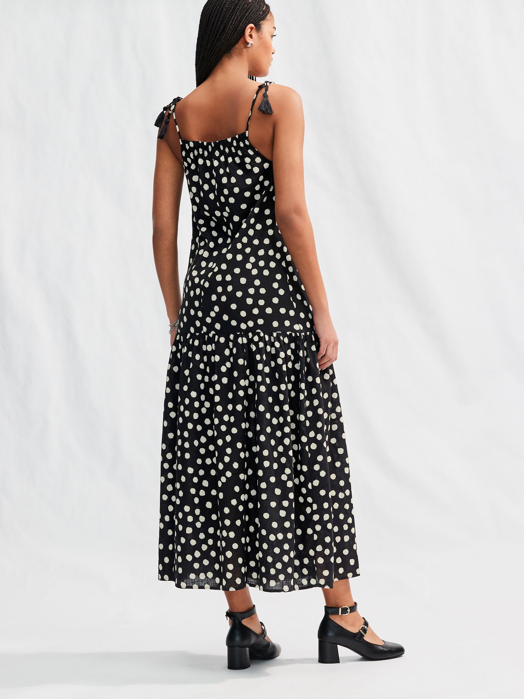 Buy Black and White Spot Strappy Drop Waist Tiered Maxi