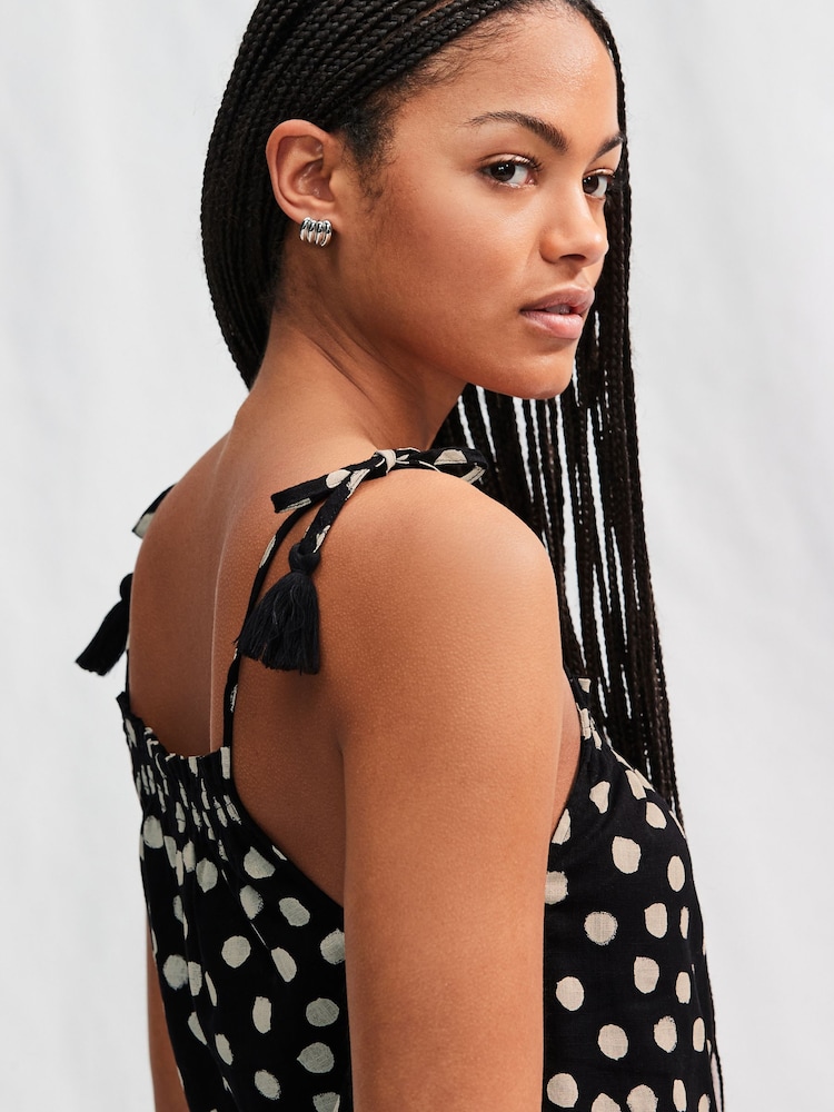 Black and White Spot Strappy Drop Waist Tiered Maxi Dress - Image 4 of 7