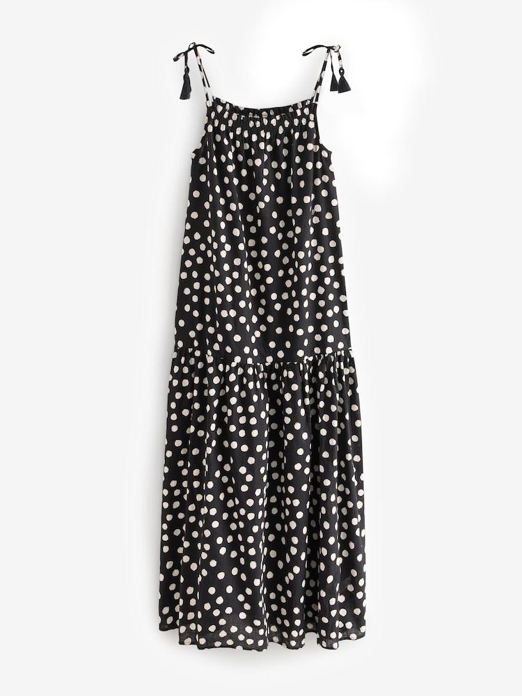 Black and White Spot Strappy Drop Waist Tiered Maxi Dress - Image 5 of 7