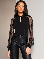 Lipsy Black lace Long Sleeve Keyhole Blouse - Image 1 of 4
