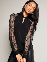 Lipsy Black lace Long Sleeve Keyhole Blouse - Image 4 of 4