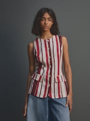 Red/Ecru Stripe Long Line Sleeveless Waistcoat - Image 1 of 9