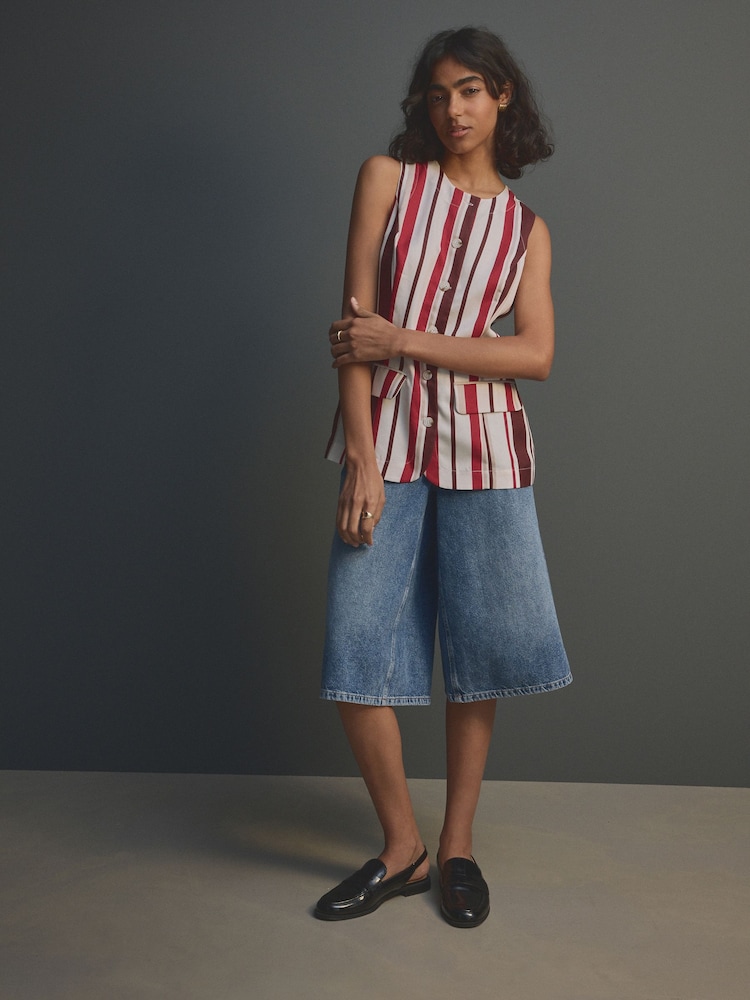Red/Ecru Stripe Long Line Sleeveless Waistcoat - Image 2 of 9