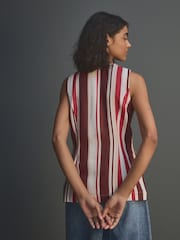 Red/Ecru Stripe Long Line Sleeveless Waistcoat - Image 4 of 9