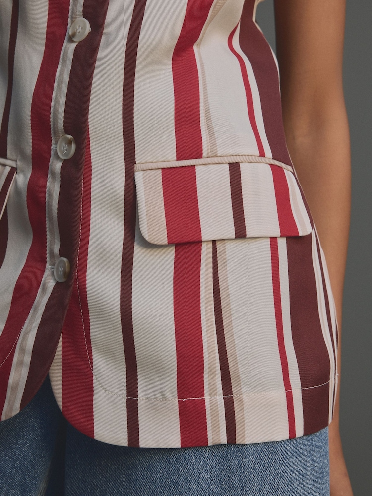 Red/Ecru Stripe Long Line Sleeveless Waistcoat - Image 6 of 9