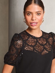 Lipsy Black Sequin Lace Puff Sleeve Top - Image 1 of 4