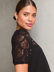 Lipsy Black Sequin Lace Puff Sleeve Top - Image 2 of 4