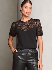 Lipsy Black Sequin Lace Puff Sleeve Top - Image 3 of 4