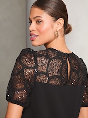 Lipsy Black Sequin Lace Puff Sleeve Top - Image 4 of 4