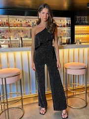 AX Paris Sparkle One Shoulder Frill Belted Black Jumpsuit - Image 1 of 4