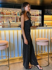 AX Paris Sparkle One Shoulder Frill Belted Black Jumpsuit - Image 4 of 4