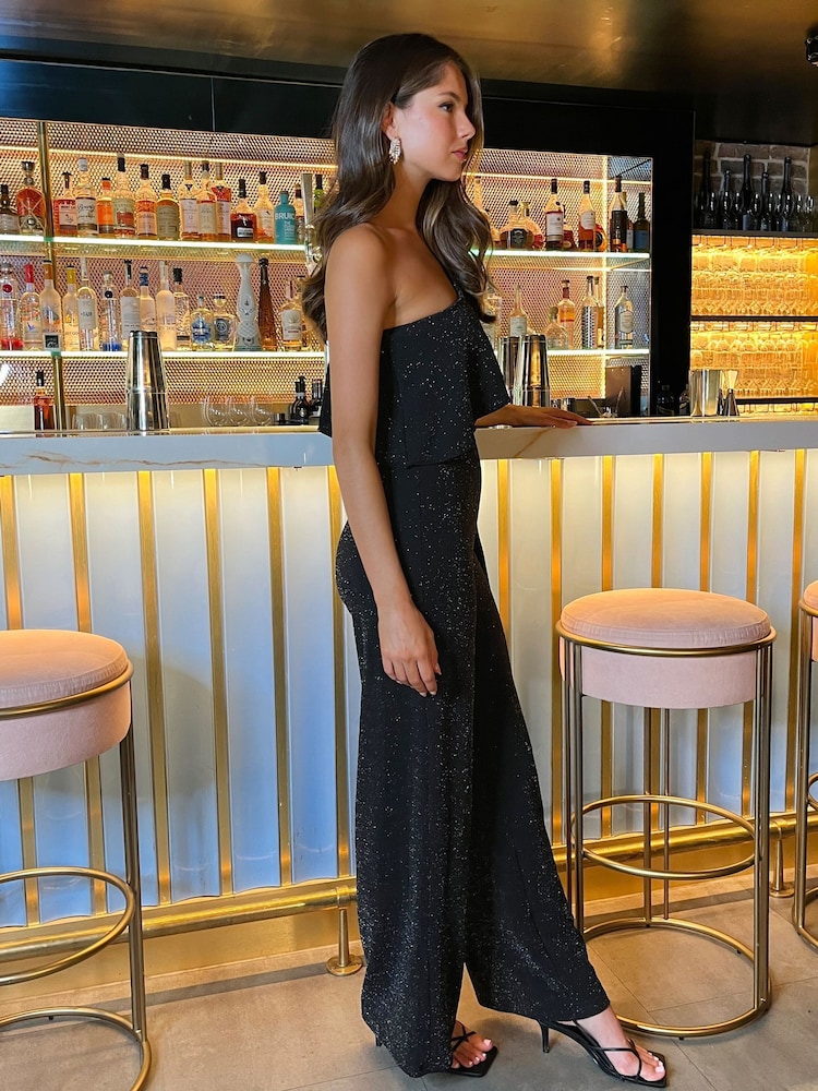 AX Paris Sparkle One Shoulder Frill Belted Black Jumpsuit - Image 4 of 4