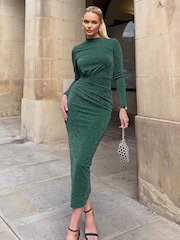AX Paris Green Sparkly Long Sleeve Ruched Bodycon Midi Dress - Image 1 of 4
