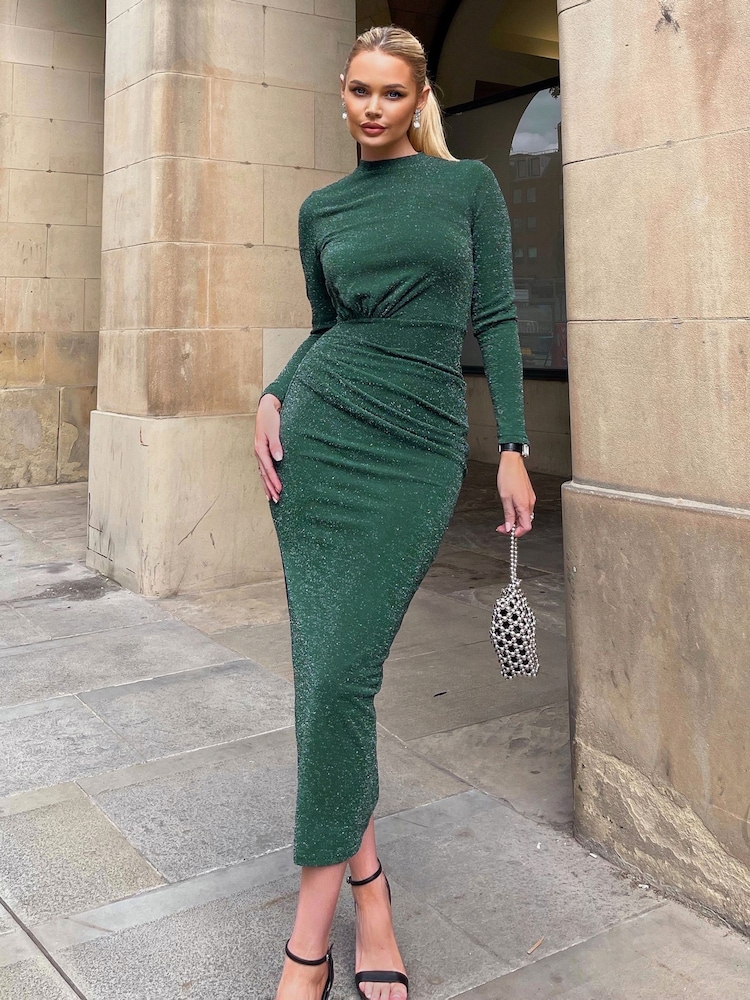AX Paris Green Sparkly Long Sleeve Ruched Bodycon Midi Dress - Image 1 of 4