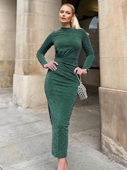 AX Paris Green Sparkly Long Sleeve Ruched Bodycon Midi Dress - Image 4 of 4