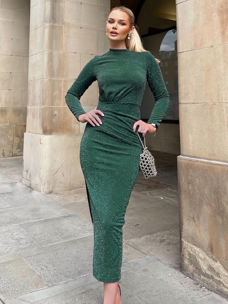 AX Paris Green Sparkly Long Sleeve Ruched Bodycon Midi Dress - Image 4 of 4