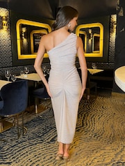 AX Paris Champagne Sparkle One Shoulder Gathered Midi Dress - Image 2 of 4