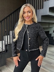 AX Paris Sparkle Tweed Contrast Hem Detail Cropped Black Jacket - Image 3 of 4