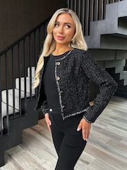 AX Paris Sparkle Tweed Contrast Hem Detail Cropped Black Jacket - Image 4 of 4