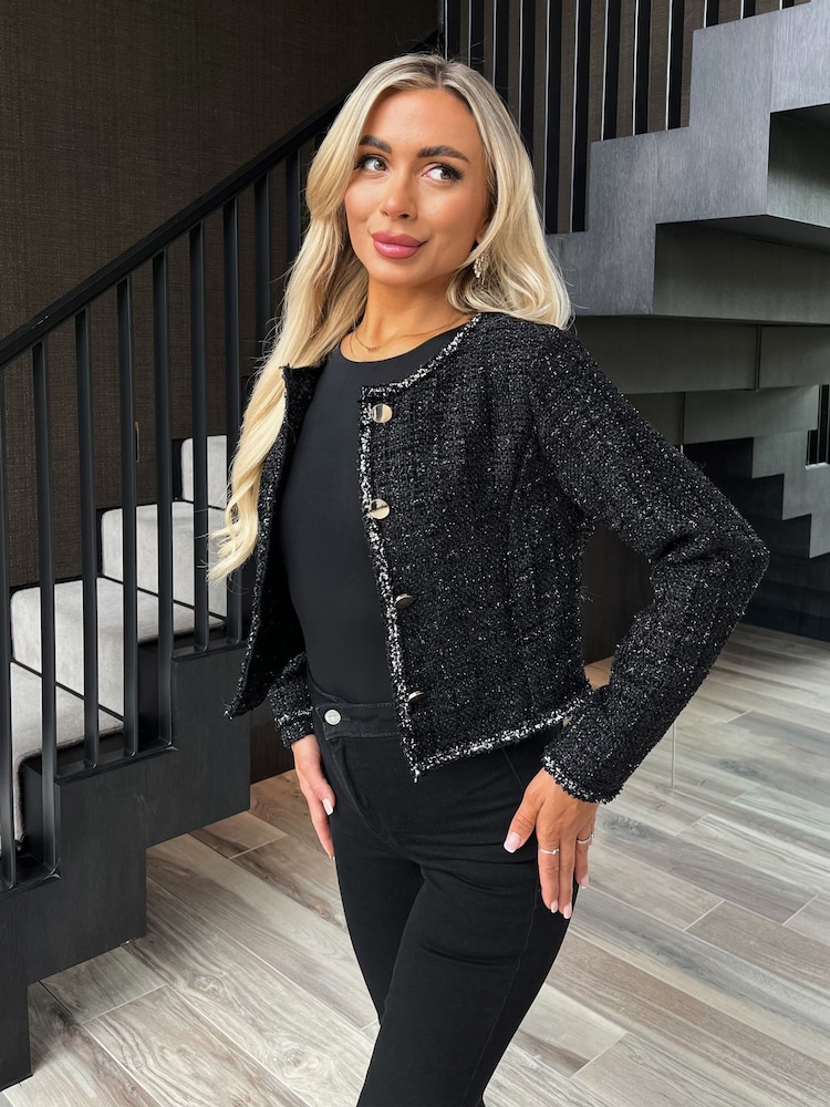AX Paris Sparkle Tweed Contrast Hem Detail Cropped Black Jacket - Image 4 of 4