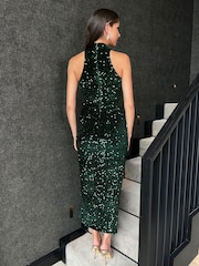 AX Paris Green Velvet And Sequins Halter Neck Midi Dress - Image 2 of 4