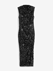 AX Paris Velvet Sequin High Neck Ruched Side Midi Black Dress - Image 5 of 5