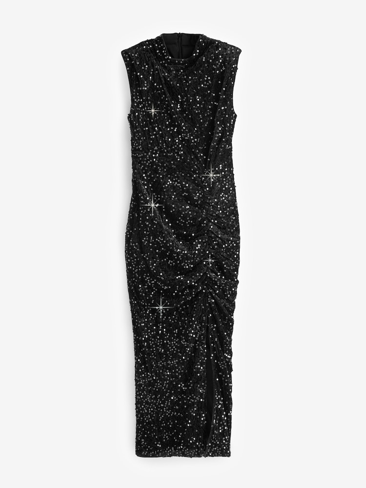 AX Paris Velvet Sequin High Neck Ruched Side Midi Black Dress - Image 5 of 5