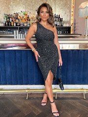 AX Paris Metallic Sparkle and Sequin One Shoulder Draped Wrap Skirt Midi Black Dress - Image 1 of 4