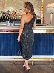 AX Paris Metallic Sparkle and Sequin One Shoulder Draped Wrap Skirt Midi Black Dress - Image 2 of 4