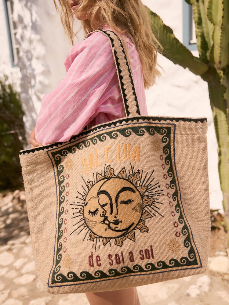 Natural Embroidered Jute Shoulder Bag - Image 1 of 3