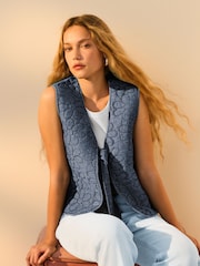 Blue Denim Padded Daisy Embroidered Tie Front 100% Cotton Gilet - Image 1 of 7
