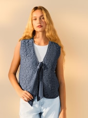 Blue Denim Padded Daisy Embroidered Tie Front 100% Cotton Gilet - Image 2 of 7