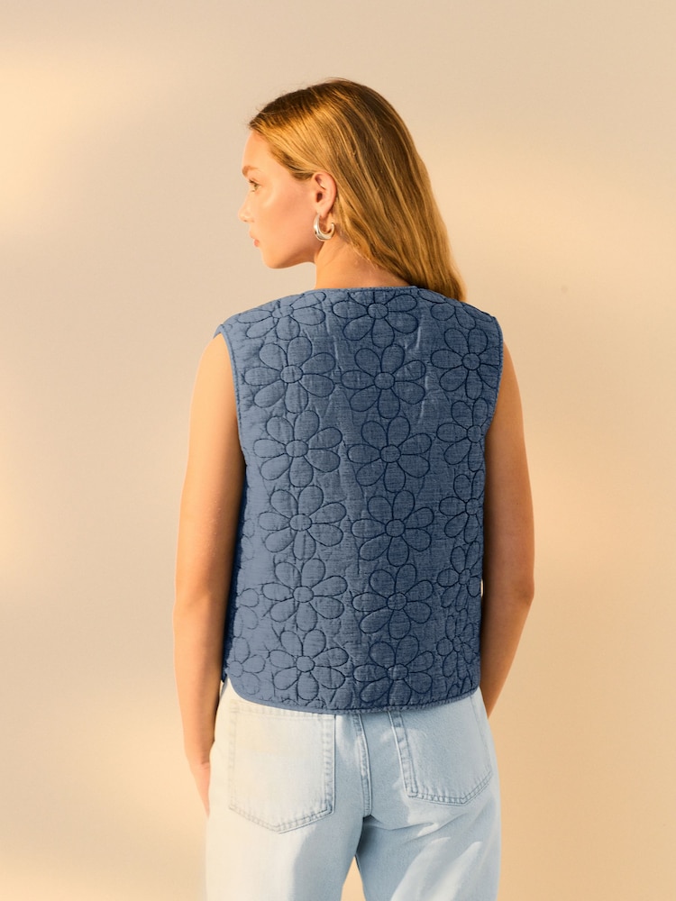 Blue Denim Padded Daisy Embroidered Tie Front 100% Cotton Gilet - Image 3 of 7