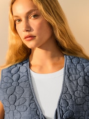 Blue Denim Padded Daisy Embroidered Tie Front 100% Cotton Gilet - Image 4 of 7