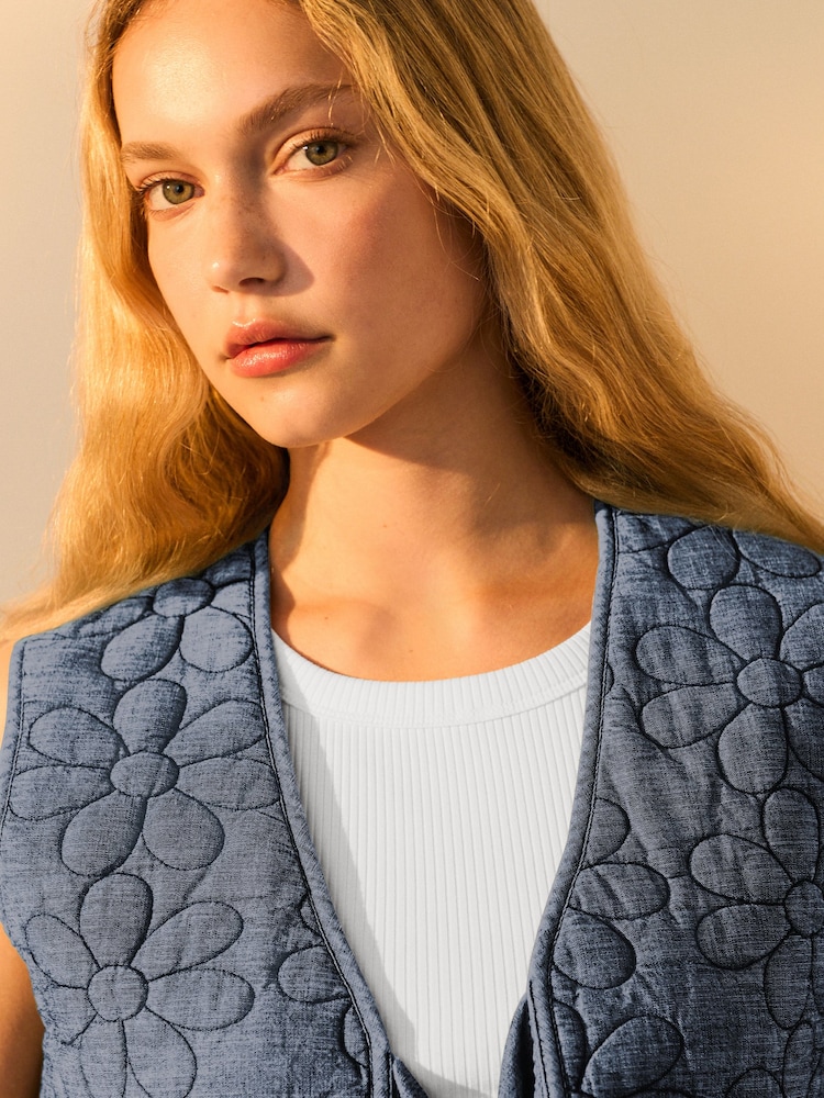 Blue Denim Padded Daisy Embroidered Tie Front 100% Cotton Gilet - Image 4 of 7