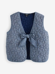 Blue Denim Padded Daisy Embroidered Tie Front 100% Cotton Gilet - Image 5 of 7