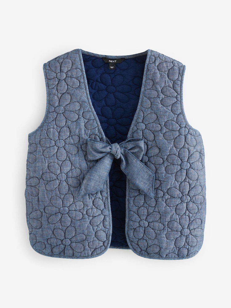 Blue Denim Padded Daisy Embroidered Tie Front 100% Cotton Gilet - Image 5 of 7