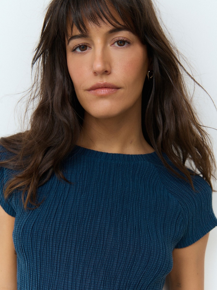 Denim Blue Raglan Short Sleeve Textured Top - Image 1 of 7