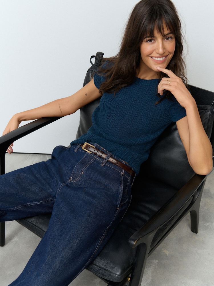 Denim Blue Raglan Short Sleeve Textured Top - Image 2 of 7