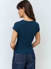 Denim Blue Raglan Short Sleeve Textured Top - Image 3 of 7