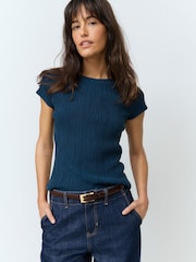 Denim Blue Raglan Short Sleeve Textured Top - Image 4 of 7