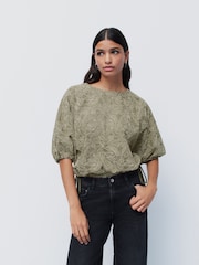 Sage Green Puff Sleeve Cornelli Detail Drawstring Top - Image 1 of 6