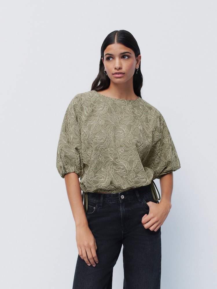 Sage Green Puff Sleeve Cornelli Detail Drawstring Top - Image 1 of 6