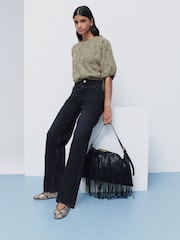 Sage Green Puff Sleeve Cornelli Detail Drawstring Top - Image 2 of 6