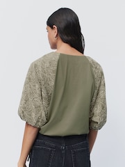 Sage Green Puff Sleeve Cornelli Detail Drawstring Top - Image 3 of 6